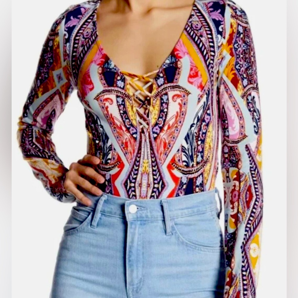 Free People colorful paisley boho long sleeve bodysuit, size small